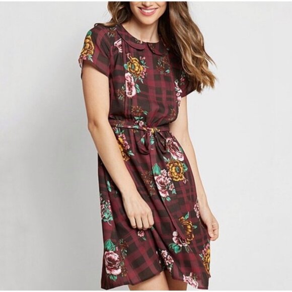 ModCloth Joyful Poise Short Sleeve Floral Plaid Belted Dress in Women's 2X - Picture 1 of 11